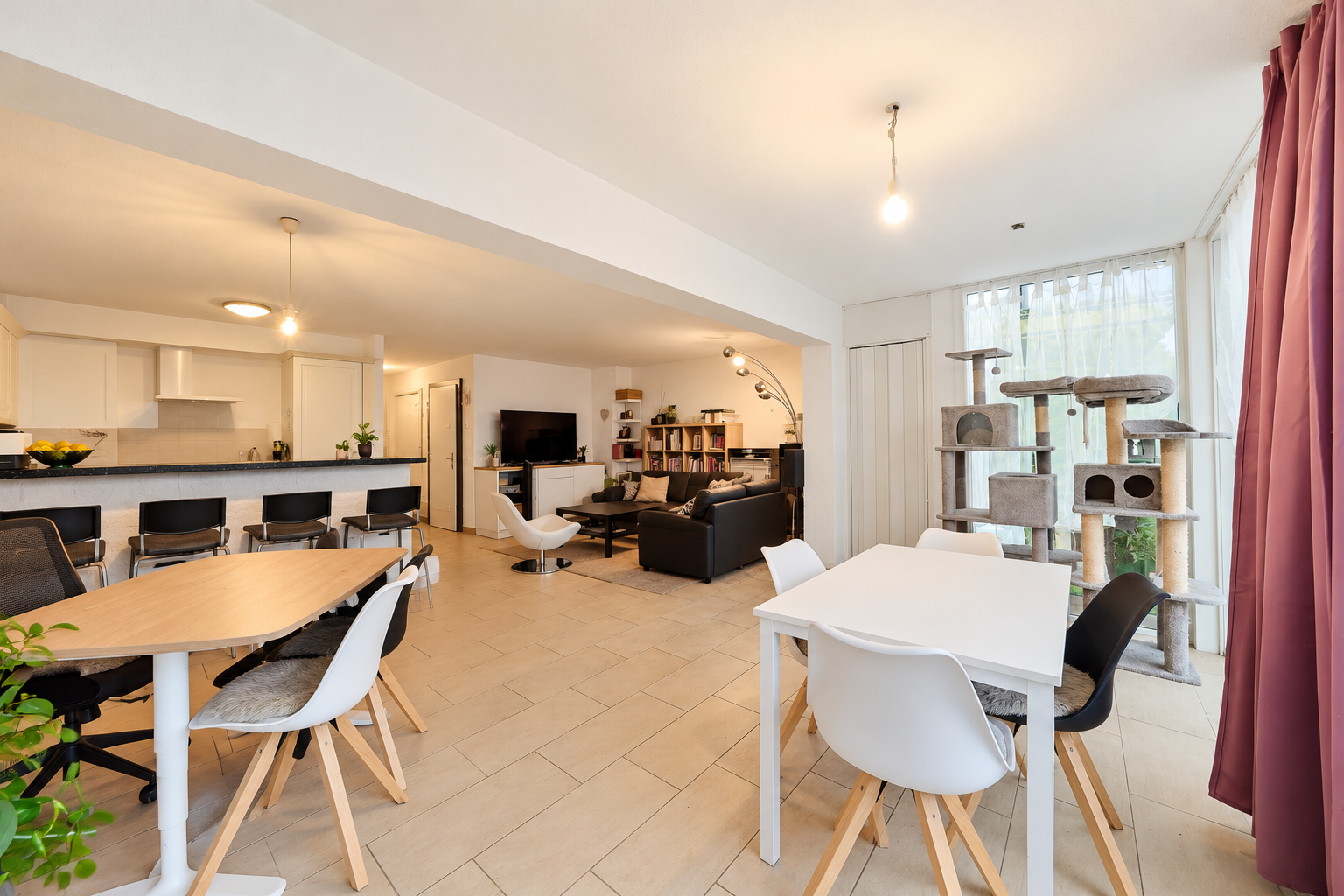 Séjour contemporain avec coin repas et cuisine ouverte